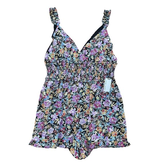 Floret Studios SMOCKED FLORAL ROMPER IN BLACK PINK FLORAL Size XL - Picture 4 of 8